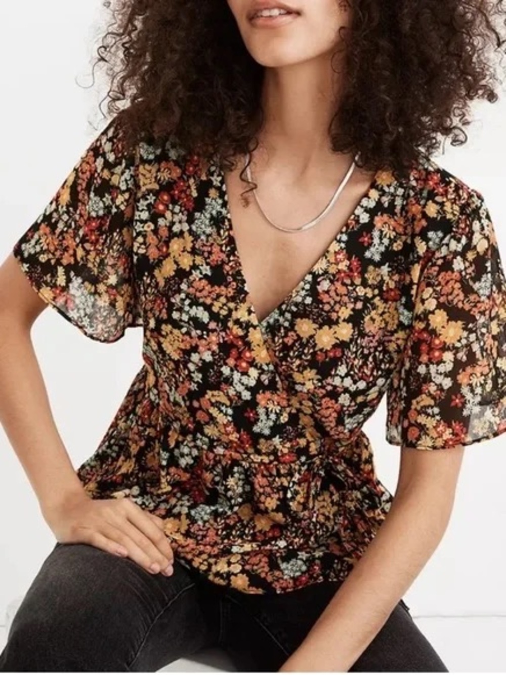 Madewell Black Floral Wrap Peplum Blouse NWOT